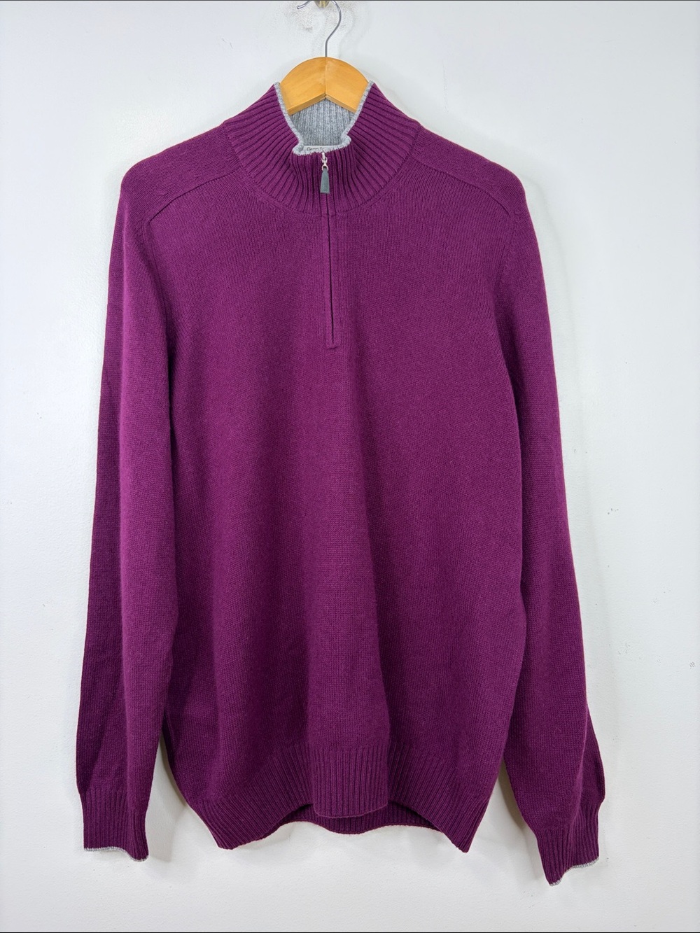 Gran Sasso Sweater Mens 56 3XL Purple Wool Cashmere Quarter Zip Made in Italy